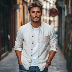 Men's Spring Fashion Lace Pocket Stitching Cotton And Linen Long Sleeve Shirt MTA2633C4K