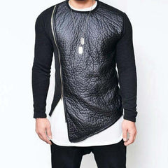 Men's Leather Stitching Zip-up Round Neck Long-sleeved T-shirt (Internal T-shirt Not Included) 12785925U