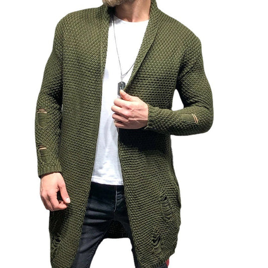 Men's Olive Green Distressed Longline Cardigan - Perfect For Casual And Fashionable Looks
