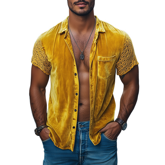 Men's Spring Fashion Personalized Lace Splicing Velvet Slim Fit Short Sleeve Shirt MTA2684C0K