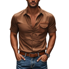 Men's Casual Cotton Lapel Chest Pocket Single Breasted Slim Fit Short Sleeve Shirt MTA3118C9M