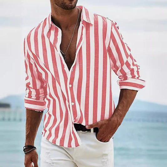 Striped Casual Button-Up Shirt For Men - Perfect For Summer And Spring Outfits
