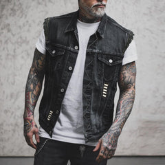 Distressed Denim Vest with Embroidered Skull Design for Biker Style
