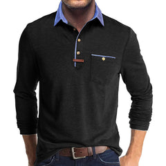 Men's Stylish Long Sleeve Polo Shirt with Contrast Collar and Chest Pocket