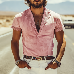 Men's Spring Fashion Casual Deep V-neck Slim Fit Embroidered Suede Short Sleeve T-shirt MTA3128C4K