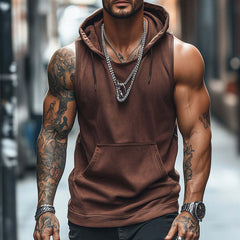 Men's Retro Casual Solid Color Sports Hooded Tank Top MTA1719C3TO