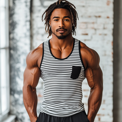 Men's Casual Striped Stitching U-Neck Patch Pocket Slim Fit Tank Top MTA1882C2M