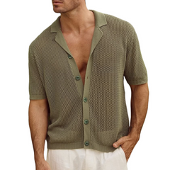 Men's Knit Solid Hollow Notch Lapel Single Breasted Short Sleeve Polo Shirt MTA0884D7Z