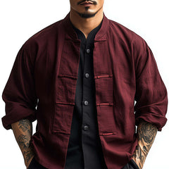 Men's Burgundy Chinese Button Long Sleeve Shirt MTA2555C1P