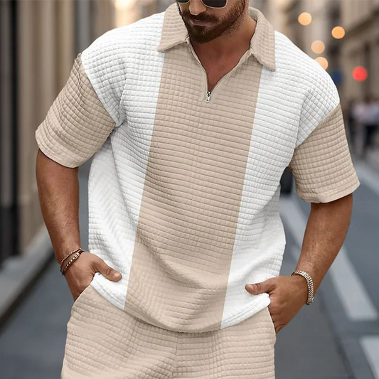 Men's Spring And Summer Casual Waffle Stitching Pullover T-shirt Shorts Set MTA1966C3K