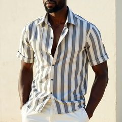 Men's Casual Cotton Blend Striped Lapel Loose Short Sleeve Shirt MTA1878C0M