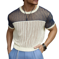 Men's Casual Round Neck Color Block Knitted Short Sleeve Sweater T-Shirt MTA0767D9M