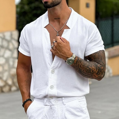 Men's Solid Notch Collar Single Breasted Short Sleeve Shirt MTA0878D6Z