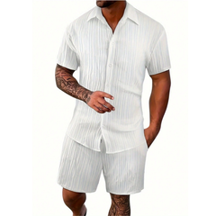 Men's Spring Fashion Casual Slim Fit Short Sleeve Shirt Length To Knee Shorts Set MTA0135D3K