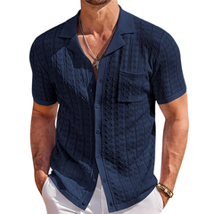 Men's Casual Lapel Hollow Jacquard Knitted Slim Fit Short Sleeve Cardigan MTA1458C7M