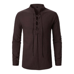 Men's Cotton And Linen Lace-up Casual Long-sleeved Shirt 63529919U