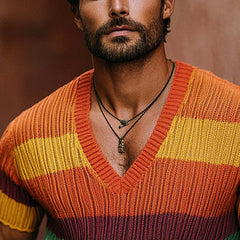 Men's Rainbow Knit V-Neck Short Sleeve Sweater T-Shirt MTA1773C8X