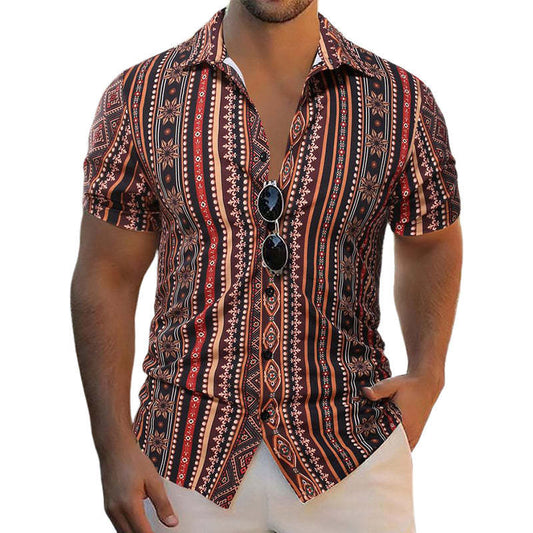 Men's Retro Stripe Print Casual Short Sleeve Shirt MTA2292C9U