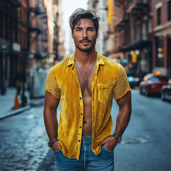 Men's Spring Fashion Personalized Lace Splicing Velvet Slim Fit Short Sleeve Shirt MTA2684C0K