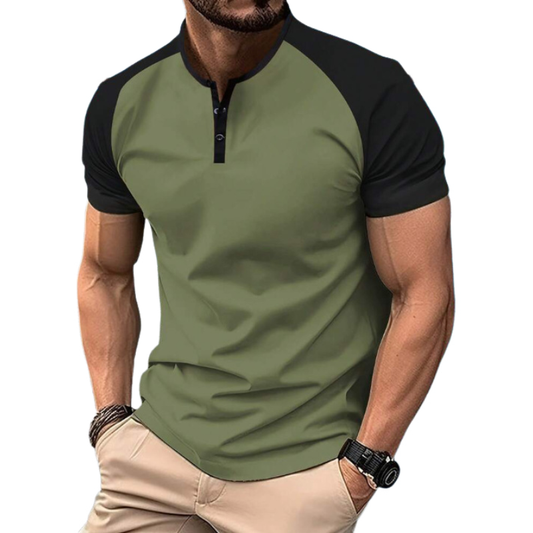 Men's Casual Cotton Contrast Color Henley Collar Raglan Slim Fit Short Sleeve T-Shirt MTA1420C4M