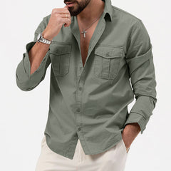 Men's Casual Button-Up Shirt With Chest Pockets - Perfect For Spring And Summer