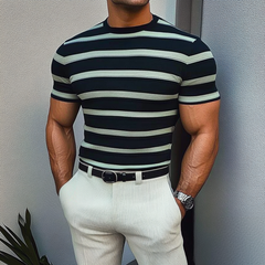 Men's Casual Contrast Color Striped Round Neck Slim Fit Knitted Short Sleeve Sweater T-Shirt MTA2519C9M