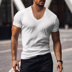 Men's Solid Color Knitted V-Neck Casual Short Sleeve T-Shirt MTA0368D9X