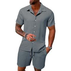 Men's Solid Color Striped Lapel Short Sleeve Shorts Casual Set 63428764X
