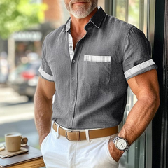 Men's Casual Cotton Linen Plaid Patchwork Lapel Slim Short-Sleeved Shirt MTA3116C3M