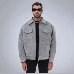 Stylish Gray Jacket With Zipper Closure And Pockets