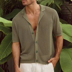 Men's Knit Solid Hollow Notch Lapel Single Breasted Short Sleeve Polo Shirt MTA0884D7Z