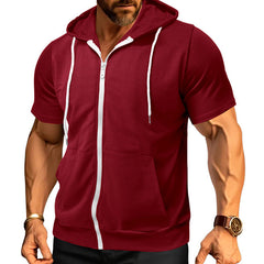 Men's Stylish Short Sleeve Hoodie with Zip-Up Design for Active Wear