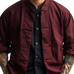 Men's Burgundy Chinese Button Long Sleeve Shirt MTA2555C1P