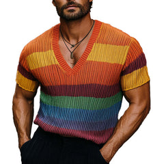 Men's Rainbow Knit V-Neck Short Sleeve Sweater T-Shirt MTA1773C8X