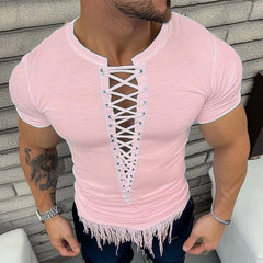 Men's Summer Fashion Lace-up Tassel Short-sleeved T-shirt MTA0863D7U