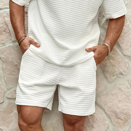Men's Spring And Summer Casual Skin-friendly Waffle Pullover T-shirt Shorts Set MTA1962C2K