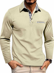 Men's Stylish Long Sleeve Polo Shirt with Plaid Collar and Pocket Detail