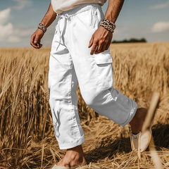 Men's Casual Cotton Linen Elastic Waist Loose Multi-pocket Pants 10736185M