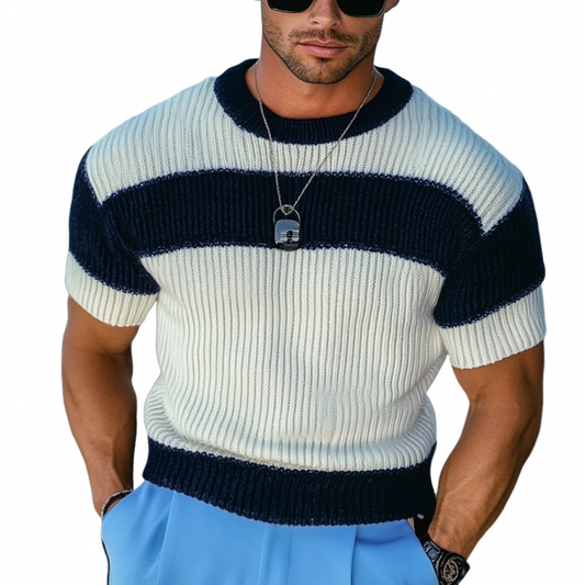 Men's Casual Contrast Color Round Neck Slim Fit Knitted Short Sleeve Sweater T-Shirt MTA1786C7M