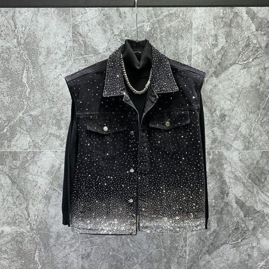 Men's Rhinestone-Embellished Denim Vest: Starry Pattern, Streetwear Style, Loose & Versatile