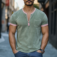 Men's Spring And Summer Fashion Casual V-neck Zipper Contrast Color Splicing Suede Short Sleeve T-shirt MTA0839D2K