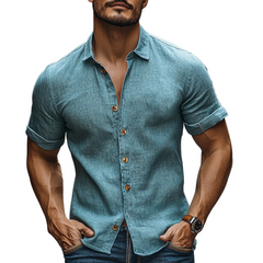 Men's Casual Cotton And Linen Short Sleeve Lapel Shirt MTA2749C0X