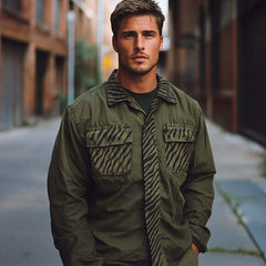 Men's Spring And Autumn Army Green Splicing Printed Long Sleeve Shirt MTA2185C7U