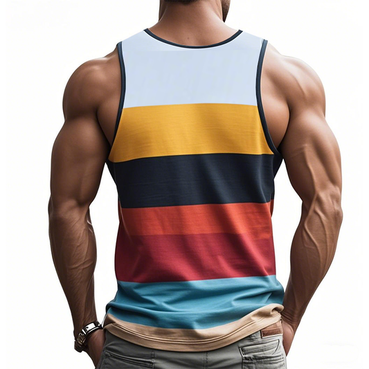 Men's Summer Fashion Casual Contrast Color Horizontal Stripe Printed Cotton Tank Top MTA2240C5K
