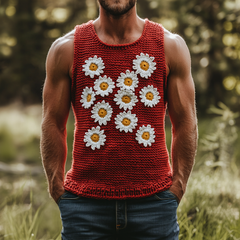 Men's Casual Crew Neck Daisy Embroidered Slim Fit Knitted Tank Top MTA0703D0M