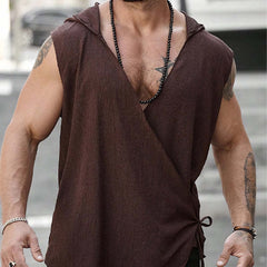 Men's Brown Textured Cross Tie Hooded Tank Top MTA2459C7U