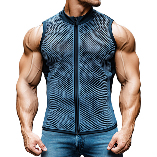 Men's Retro Casual Mesh Fabric Elastic Stand Collar Zipper Sports Tank Top MTA2548C8TO