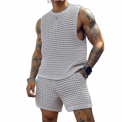 Men's Casual Round Neck Loose Tank Top Elastic Waist Shorts Knitted Set MTA2255C5M