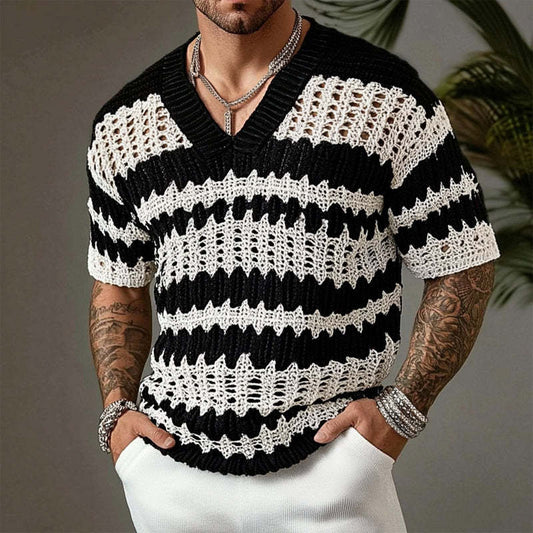 Men's Knitted Contrast Color V-neck Short-sleeved Sweater T-Shirt 14944957X