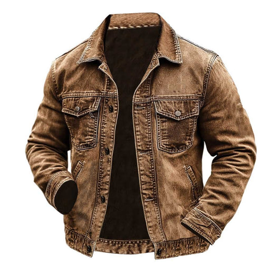 Men's Vintage Western Cowboy Multi-Pocket Distressed Lapel Outdoor Jacket